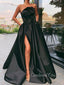 A-line Black Satin Side Slit Long Strapless Evening Prom Dresses, Cheap Custom prom dresses, MR8401