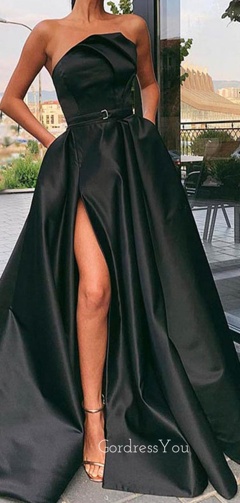 A-line Black Satin Side Slit Long Strapless Evening Prom Dresses, Cheap Custom prom dresses, MR8401