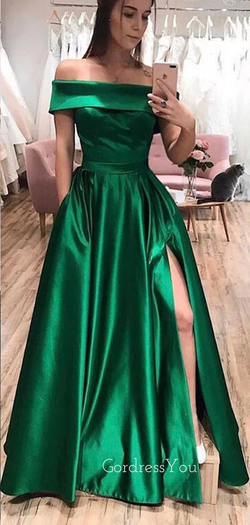 Off Shoulder A-line Green Satin Side Slit Long Evening Prom Dresses, Cheap Custom prom dresses, MR8402