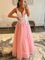 V-neck Pink Tulle Appliques A-line Long Evening Prom Dresses, Cheap Custom prom dresses, MR8403