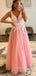 V-neck Pink Tulle Appliques A-line Long Evening Prom Dresses, Cheap Custom prom dresses, MR8403