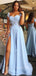 Blue A-line Side Slit Long Evening Prom Dresses, Cheap Custom prom dresses, MR8404