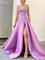 A-line Lilac Satin Beaded Spaghetti Straps Long Side Slit Evening Prom Dresses, Cheap Custom prom dresses, MR8405