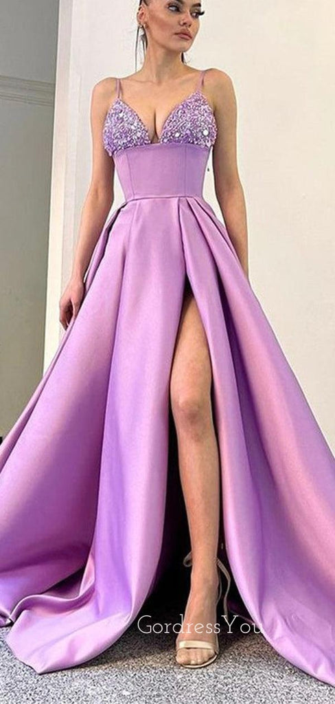 A-line Lilac Satin Beaded Spaghetti Straps Long Side Slit Evening Prom Dresses, Cheap Custom prom dresses, MR8405