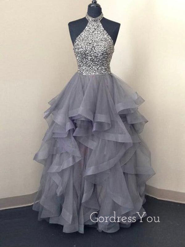 A-line Grey Tulle Beaded Halter Long Evening Prom Dresses, Cheap Custom Prom Dresses, MR8408