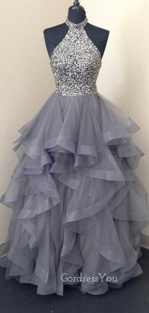 A-line Grey Tulle Beaded Halter Long Evening Prom Dresses, Cheap Custom Prom Dresses, MR8408