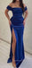 Off Shoulder Mermaid Royal Blue Satin Long Side Slit Evening Prom Dresses, Cheap Custom Prom Dresses, MR8411