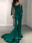 Dark Green Satin Off Shoulder Long Side Slit Evening Prom Dresses, Cheap Custom Prom Dresses, MR8413