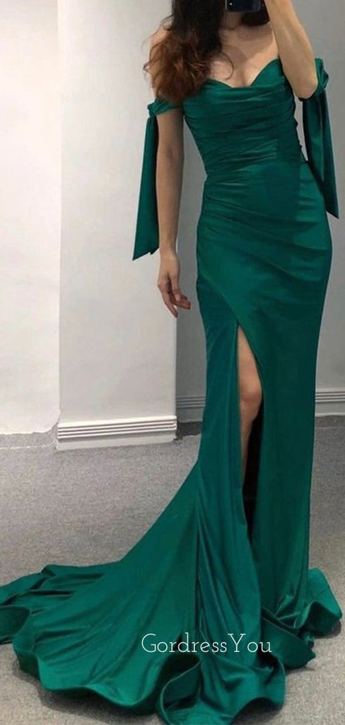 Dark Green Satin Off Shoulder Long Side Slit Evening Prom Dresses, Cheap Custom Prom Dresses, MR8413