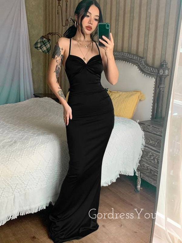 Mermaid Spaghetti Straps Satin Long V-neck Evening Prom Dresses, Cheap Custom Prom Dresses, MR8415