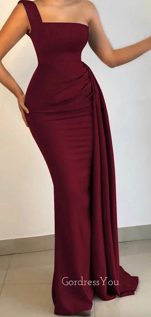 One Shoulder Mermaid Burgundy Satin Long Evening Prom Dresses, Cheap Custom Prom Dresses, MR8425