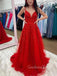 A-line Red Tulle Appliques Spaghetti Straps Long Evening Prom Dresses, Cheap Custom Prom Dresses, MR8445