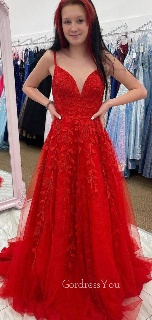 A-line Red Tulle Appliques Spaghetti Straps Long Evening Prom Dresses, Cheap Custom Prom Dresses, MR8445