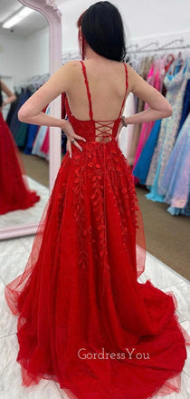 A-line Red Tulle Appliques Spaghetti Straps Long Evening Prom Dresses, Cheap Custom Prom Dresses, MR8445