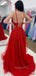 A-line Red Tulle Appliques Spaghetti Straps Long Evening Prom Dresses, Cheap Custom Prom Dresses, MR8445