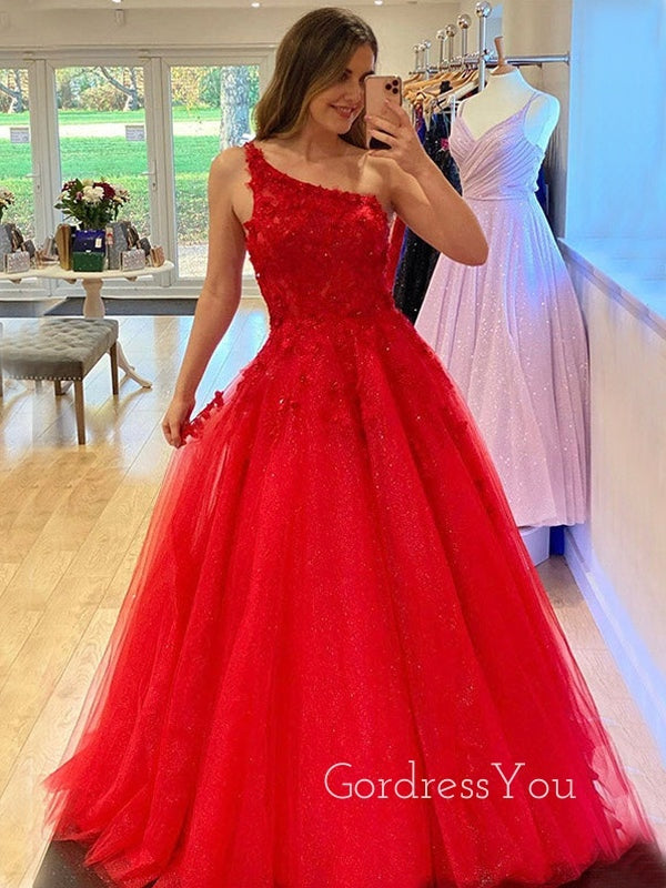 One Shoulder A-line Red Tulle Appliques Long Evening Prom Dresses, Cheap Custom Prom Dresses, MR8446