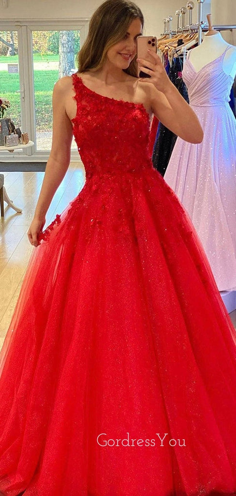 One Shoulder A-line Red Tulle Appliques Long Evening Prom Dresses, Cheap Custom Prom Dresses, MR8446