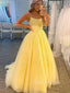 A-line Yellow Tulle Appliques Spaghetti Straps Long Evening Prom Dresses, Cheap Custom Prom Dresses, MR8447