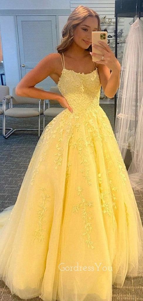 A-line Yellow Tulle Appliques Spaghetti Straps Long Evening Prom Dresses, Cheap Custom Prom Dresses, MR8447