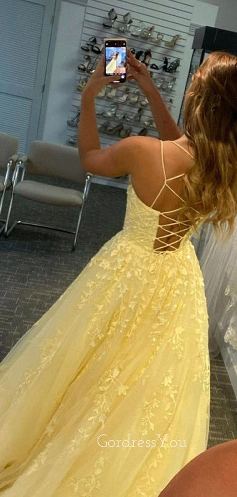 A-line Yellow Tulle Appliques Spaghetti Straps Long Evening Prom Dresses, Cheap Custom Prom Dresses, MR8447