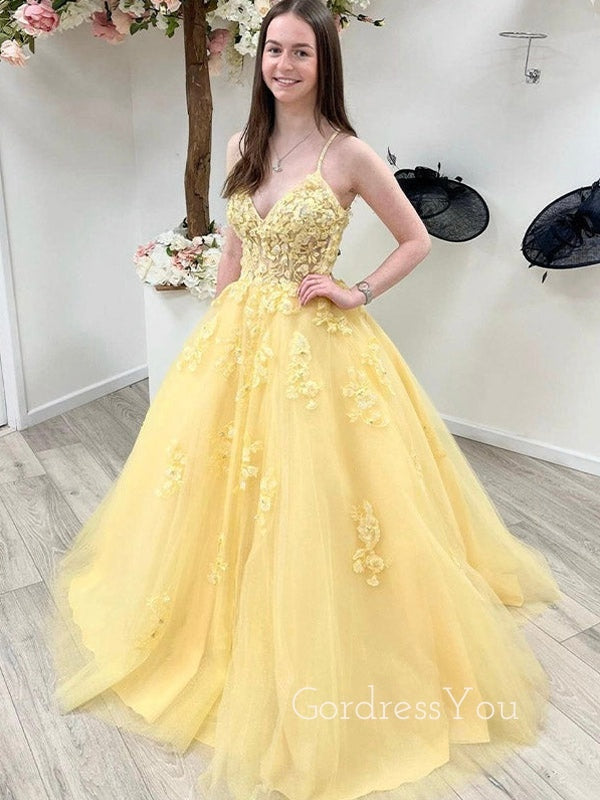 A-line V-neck Yellow Tulle Appliques Spaghetti Straps Long Evening Prom Dresses, Cheap Custom Prom Dresses, MR8448