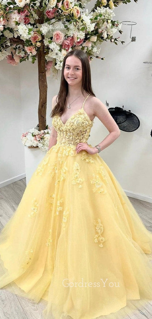 A-line V-neck Yellow Tulle Appliques Spaghetti Straps Long Evening Prom Dresses, Cheap Custom Prom Dresses, MR8448