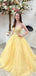 A-line V-neck Yellow Tulle Appliques Spaghetti Straps Long Evening Prom Dresses, Cheap Custom Prom Dresses, MR8448