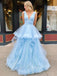 A-line V-neck Blue Tulle Long Evening Prom Dresses, Cheap Custom Prom Dresses, MR8449