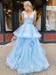 A-line V-neck Blue Tulle Long Evening Prom Dresses, Cheap Custom Prom Dresses, MR8449