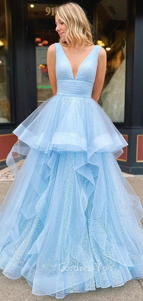 A-line V-neck Blue Tulle Long Evening Prom Dresses, Cheap Custom Prom Dresses, MR8449