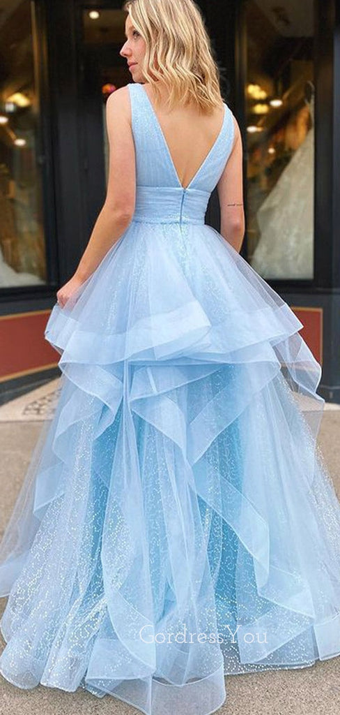 A-line V-neck Blue Tulle Long Evening Prom Dresses, Cheap Custom Prom Dresses, MR8449