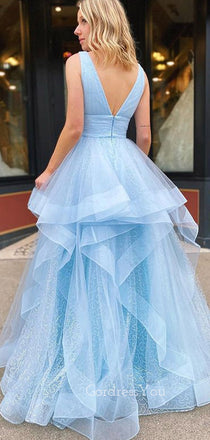 A-line V-neck Blue Tulle Long Evening Prom Dresses, Cheap Custom Prom Dresses, MR8449