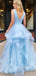 A-line V-neck Blue Tulle Long Evening Prom Dresses, Cheap Custom Prom Dresses, MR8449