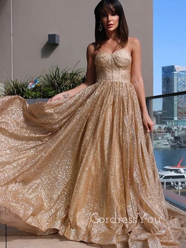 A-line Gold Sparkly Strapless Long Evening Prom Dresses, Cheap Custom Prom Dresses, MR8450