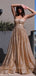 A-line Gold Sparkly Strapless Long Evening Prom Dresses, Cheap Custom Prom Dresses, MR8450