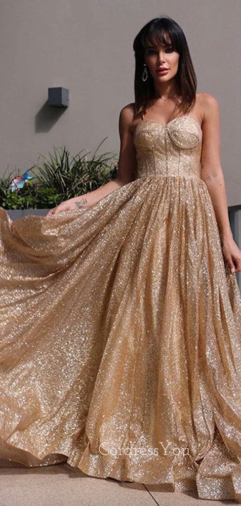 A-line Gold Sparkly Strapless Long Evening Prom Dresses, Cheap Custom Prom Dresses, MR8450