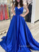 A-line Royal Blue Satin Spaghetti Straps V-neck Long Evening Prom Dresses, Cheap Custom Prom Dresses, MR8452