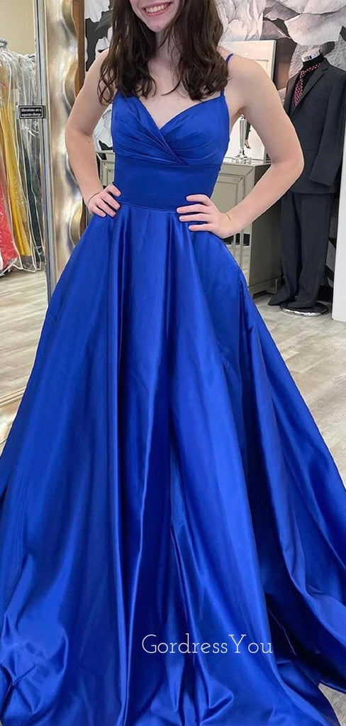 A-line Royal Blue Satin Spaghetti Straps V-neck Long Evening Prom Dresses, Cheap Custom Prom Dresses, MR8452