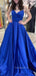 A-line Royal Blue Satin Spaghetti Straps V-neck Long Evening Prom Dresses, Cheap Custom Prom Dresses, MR8452