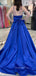 A-line Royal Blue Satin Spaghetti Straps V-neck Long Evening Prom Dresses, Cheap Custom Prom Dresses, MR8452