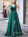 A-line Dark Green Satin Spaghetti Straps V-neck Long Evening Prom Dresses, Cheap Custom Prom Dresses, MR8453