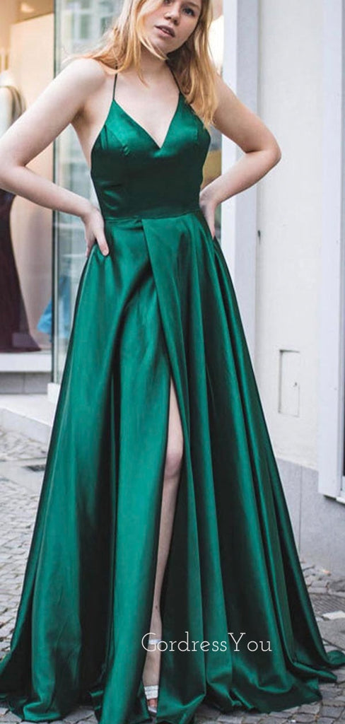 A-line Dark Green Satin Spaghetti Straps V-neck Long Evening Prom Dresses, Cheap Custom Prom Dresses, MR8453