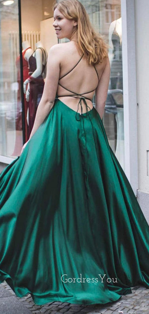 A-line Dark Green Satin Spaghetti Straps V-neck Long Evening Prom Dresses, Cheap Custom Prom Dresses, MR8453