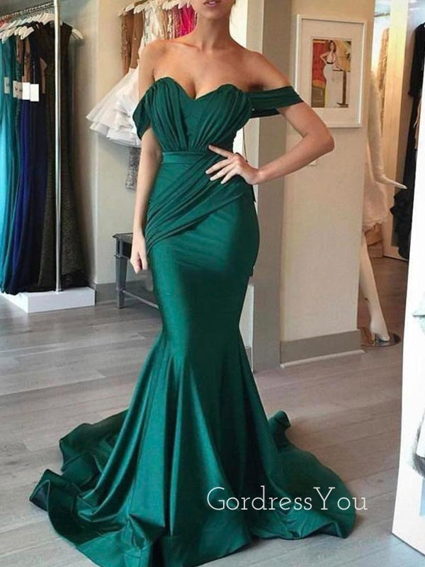 Mermaid Dark Green Satin Off Shoulder Long Evening Prom Dresses, Cheap Custom Prom Dresses, MR8454