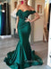 Mermaid Dark Green Satin Off Shoulder Long Evening Prom Dresses, Cheap Custom Prom Dresses, MR8454