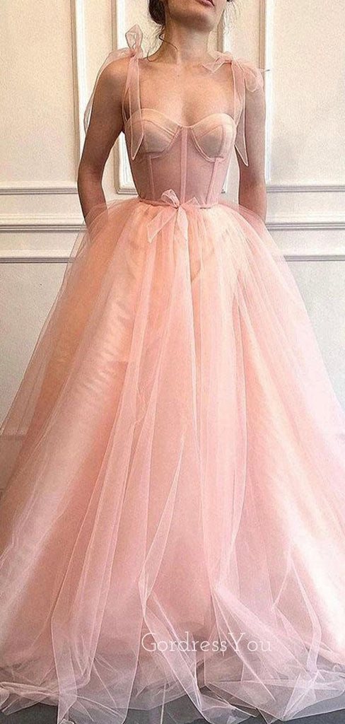 Pink Tulle Spaghetti Straps Long Evening Prom Dresses, A-line Custom Prom Dresses, MR8480