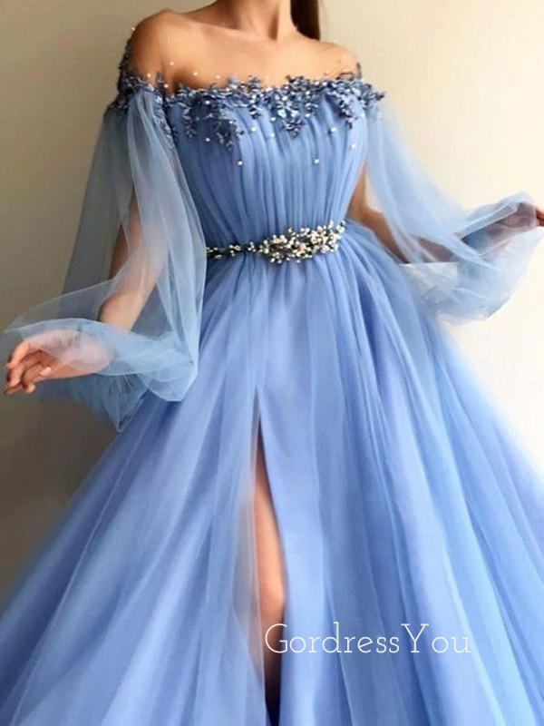 Elegant A-line Long Sleeves High Side Slit With Beads Prom Dresses, OL034