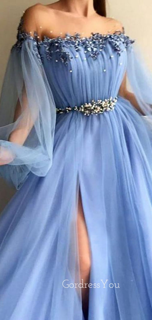 Elegant A-line Long Sleeves High Side Slit With Beads Prom Dresses, OL034