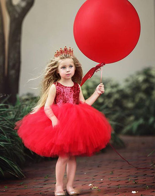 Popular Cute Red Sequin Tulle Short Cheap Flower Girl Dresses, FGS122