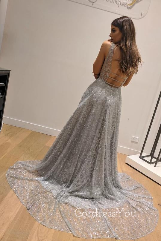 Newest A-line V-neck Sparkly Backless Sexy Long Evening Prom Dresses, PD0565